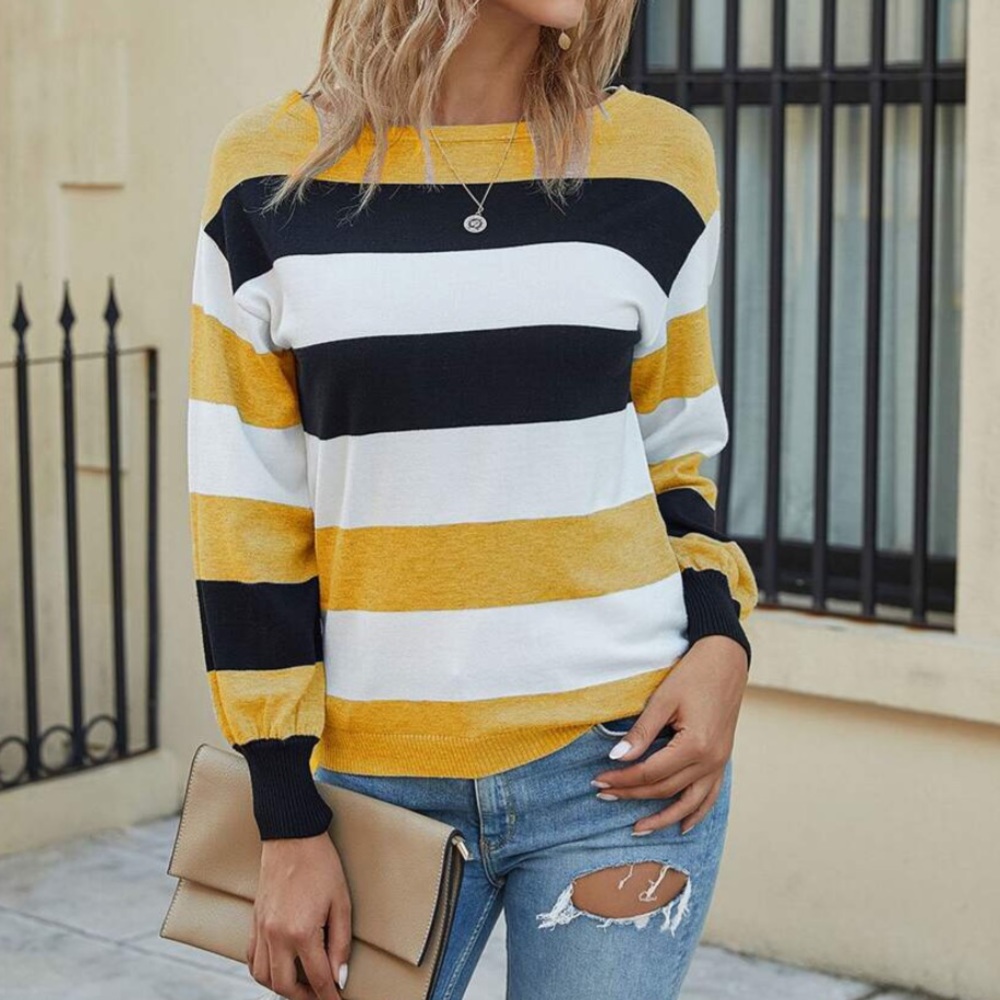 Yellow, White, Black thick stripe sweater